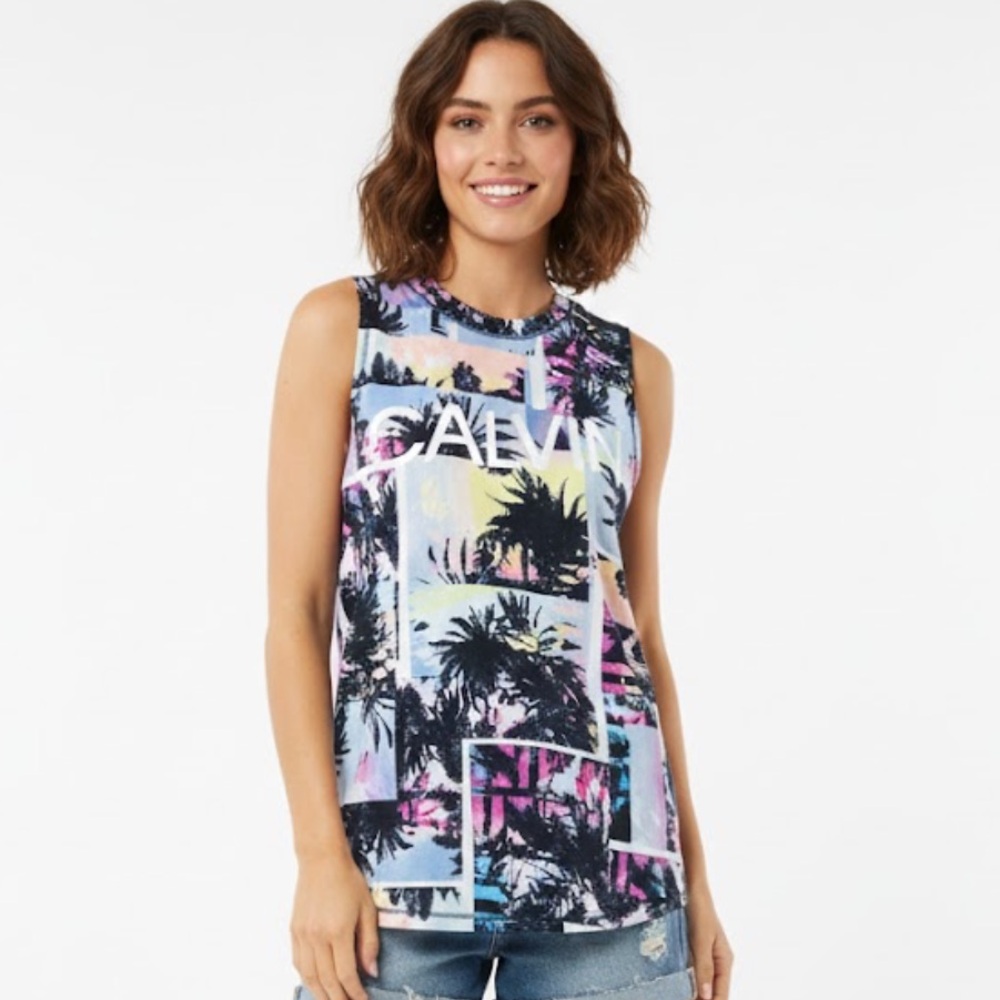 Calvin Klein Women's Palm Print Muscle Tee - Black and Purple